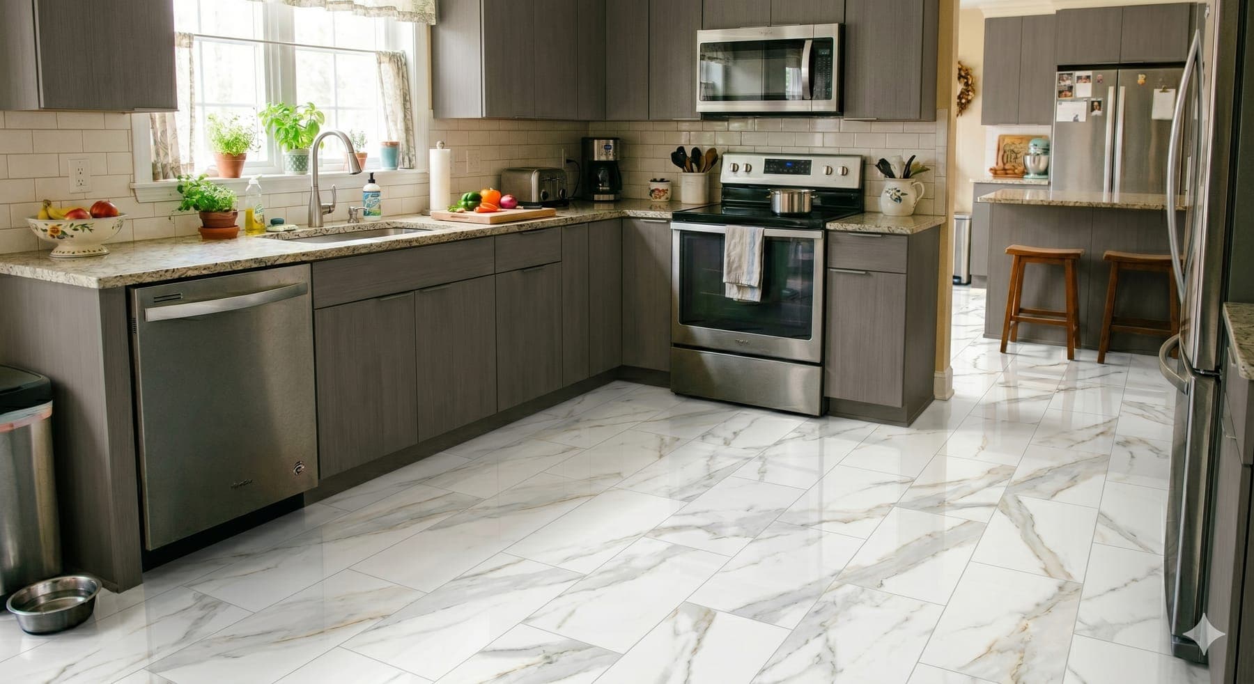 Kitchen with stainless steel appliances and stone-look luxury vinyl tile flooring