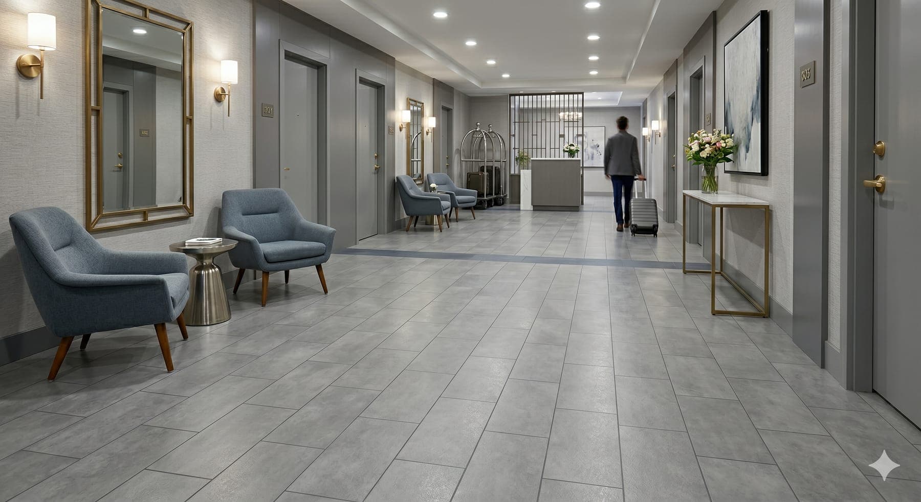 Commercial corridor with polished vinyl composite tile flooring and seating area