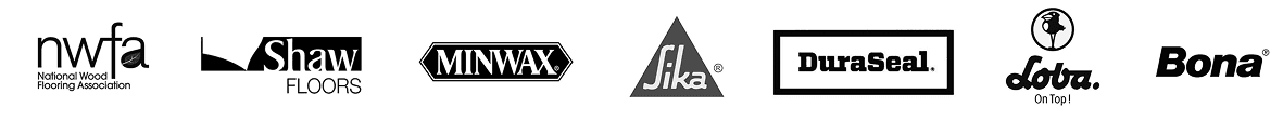 Logos of ModiFloors' trusted product partners: NWFA, Shaw Floors, Minwax, Sika, DuraSeal, Loba and Bona