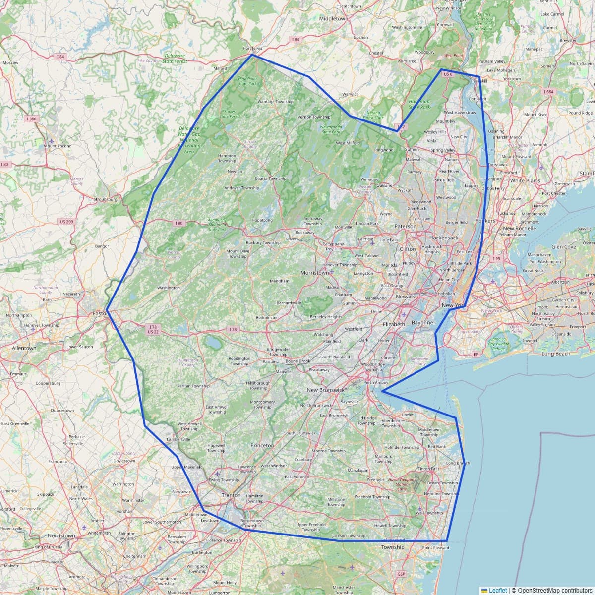 Map of the ModiFloors service area covering northern and central New Jersey plus Rockland County, Manhattan, and Staten Island in New York